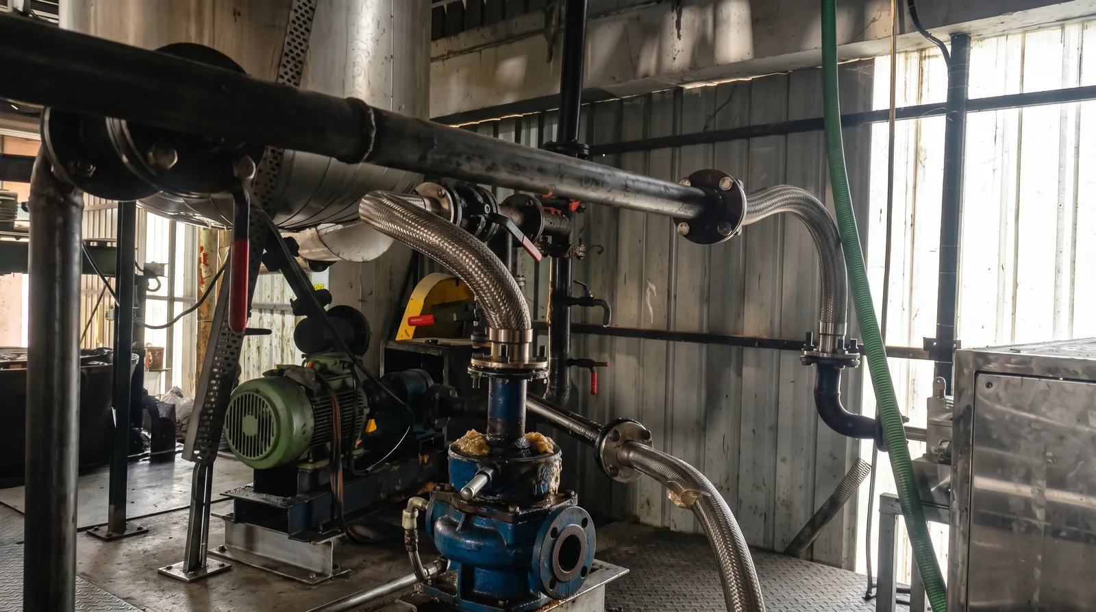 Pump, braided steel hoses and pipework inside the lubricant manufacturing plant
